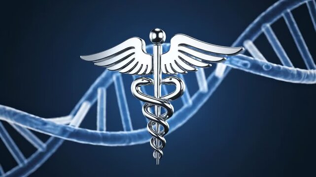 a caduceus symbol prominently displayed against a blue and white DNA helix. This represents the connection between medicine and genetics in healthcare.