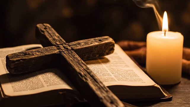An open religious book lies next to a cross and a lit candle on a dark surface viewed from above