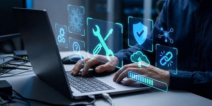 ​IT technician typing on laptop with glowing holographic tools, cloud, and shield icons. Cyber security, system update, network maintenance and software troubleshooting concept.