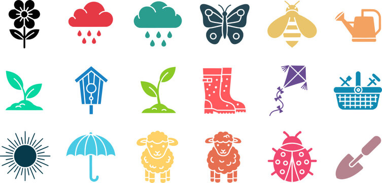 Springtime Icons: A Colorful Collection of Nature and Outdoor Elements