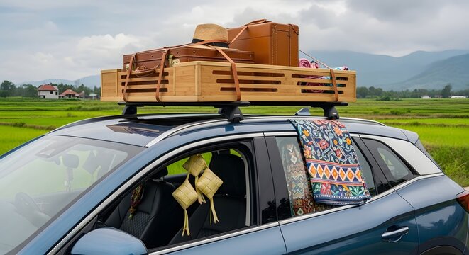 Modern Car Packed with Suitcases on Roof Rack Driving Through Rural Landscape