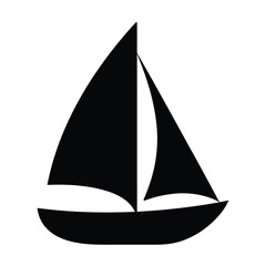 Simple black silhouette of a sailboat with two sails, isolated on a white background, representing maritime travel and leisure.