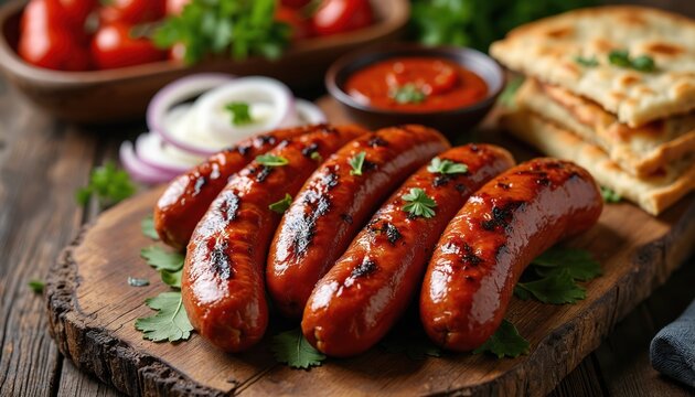 Grilled sausages with flatbread ajvar and onions served on rustic wood table. Juicy Balkan meat dish with fresh parsley, tomatoes in bowl. Closeup of paprika sauce.
