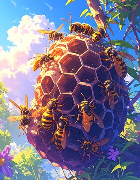 Yellowjackets cluster around a honeycomb nest in a sunny meadow scene, with vibrant colors and stylized art