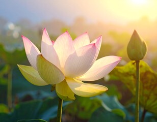 Close-up of a delicate pink and white flower in bloom with a closed bud, illuminated by golden sunlight and gentle bokeh