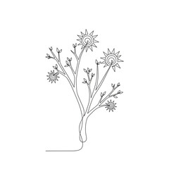 Abstract line drawing of flowers with sun-like petals  