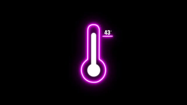 Illuminated neon pink thermometer indicating forty three degrees Celsius on a dark black backdrop with a white bulb and scale