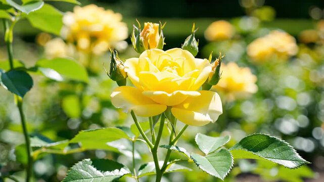 Vibrant yellow rose in full bloom with delicate petals and green leaves captured in a sunlit garden on a beautiful day showcasing natures beauty and floral elegance.