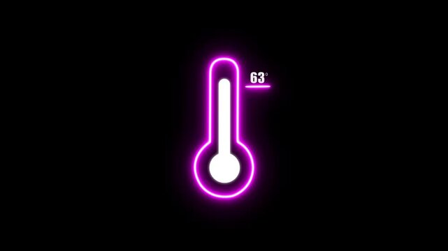 Bright neon thermometer displaying 63 degrees on a deep black background with a subtle radiant glow around the outline. Keywords: thermometer, temperature
