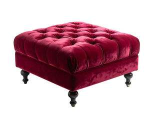 Elegant Red Velvet Ottoman with Button Tufting and Black Legs.