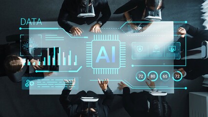 Futuristic Meeting with AI Technology Visualization and Business Professionals Collaborating Over Data Analytics Concept Gluon.