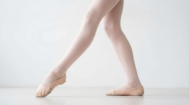 Ballerina legs in pink ballet slippers with elastic straps in tendu position on white background with soft studio light.