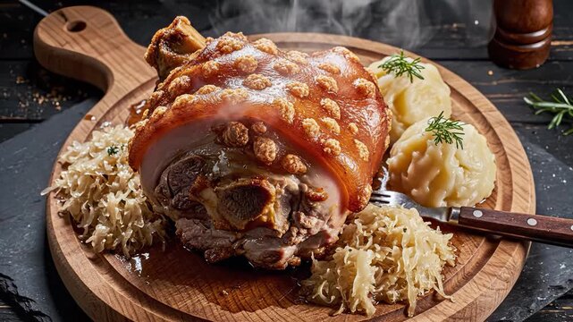 A large roast pork knuckle is presented on a wooden board, surrounded by side dishes of mashed potatoes and sauerkraut. The pork knuckle is glistening with crispy skin and garnished.