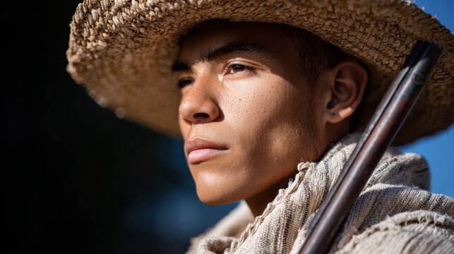 historical reenactment photography, a cinematic portrayal of a historical reenactor donning th-century zacapoaxtla soldier attire, exuding stoicism against a dramatic sunset backdrop