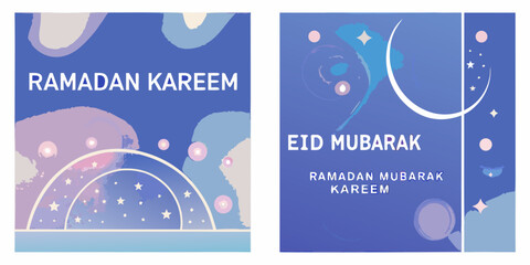 Ramadan and Eid Mubarak greetings with crescent moons and starry skies © Hridoy
