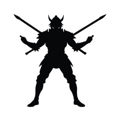Black silhouette of warrior with swords in armor, helmet, sharp horns, menacing eyes, epic battle stance