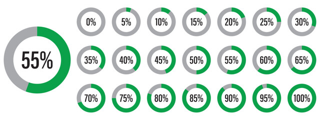 Pie charts diagram set. Progress bars. Round graph loading progress set. Template of orange and red color fill pie charts indicator. Circle diagrams icons for infographics from 0 to 100 percent