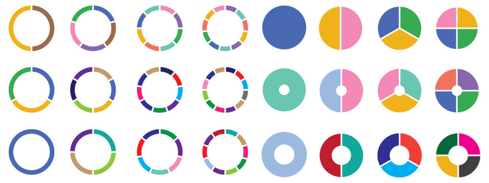 Pie charts diagram set. Circle pie charts 1,2,3,4,5,6,7,8,9,10,11,12 sections. Wheel round segment infographic part. Circle section graph. Pie charts diagrams