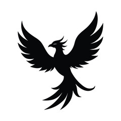 Black silhouette of phoenix bird with wings spread, mythical fiery creature, symbol of rebirth and immortality