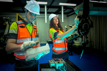 A diverse team of male and female engineers in full safety gear collaborates on machine maintenance inside a safety cage, highlighting teamwork and strict safety protocols in a factory.