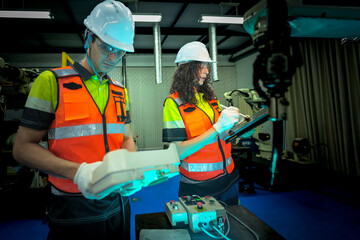 Fototapeta premium A diverse team of male and female engineers in full safety gear collaborates on machine maintenance inside a safety cage, highlighting teamwork and strict safety protocols in a factory.