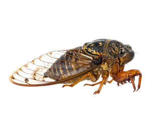 Detailed close-up of a cicada insect with transparent wings on white background.