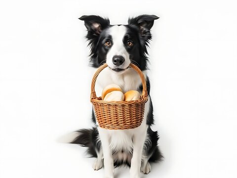 Easter basket fun with a cute border collie holding a woven easter egg basket
