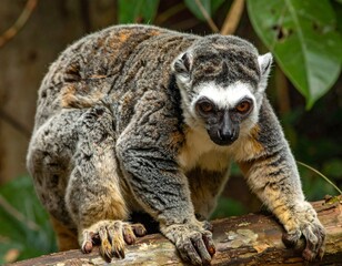 Fototapeta premium Close-up of a lemur perched on a log, gazing intensely at the viewer with bright orange eyes. Its fur is a mix of gray, brown, and white