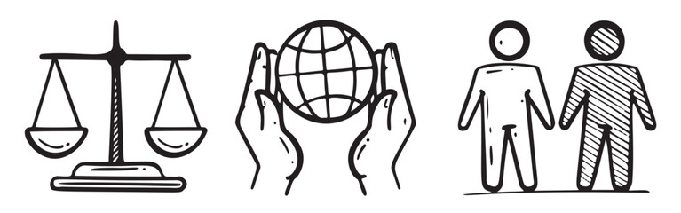 Scales of justice icon set. Responsibility. Respect. 