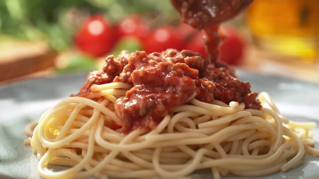 Pouring Tomato Sauce with Ground Beef onto the Pasta Dish - Spaghetti Bolognese Served on a Bright Plate, Dolly out, Slow Motion
