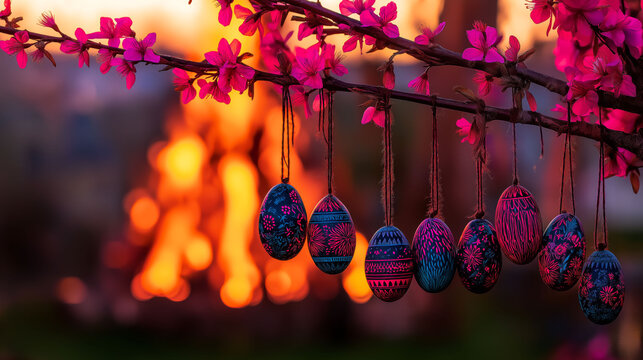 Pascua con huevos decorados en &aacute;rbol y hoguera al atardecer