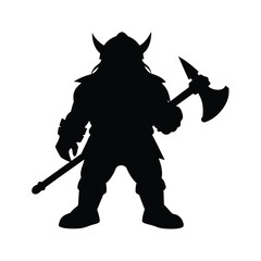 Dwarf warrior character with horned helmet and axe vector illustration, fantasy fighter