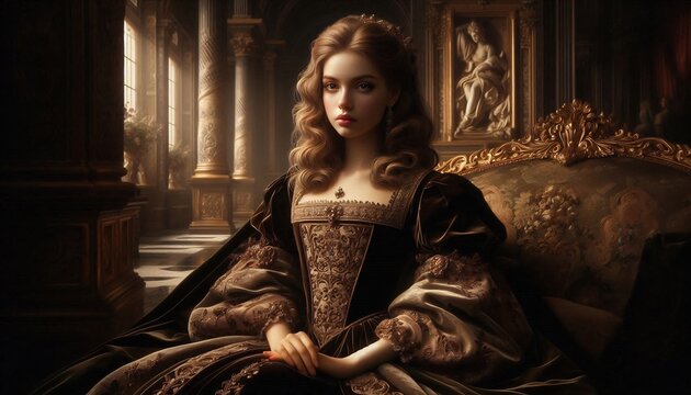 Elegant Renaissance Woman in Ornate Gown Seated in Opulent Interior.