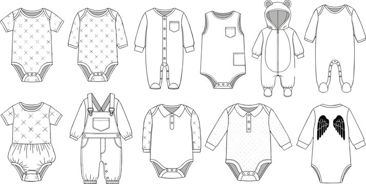 Baby clothing vector outline set, newborn infant apparel collection, onesie bodysuit romper design templates, cute kids fashion sketch illustration elements