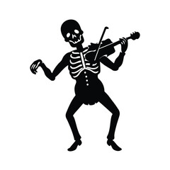 Skeleton playing violin vector illustration, dancing skeleton fiddler, day of dead musician halloween