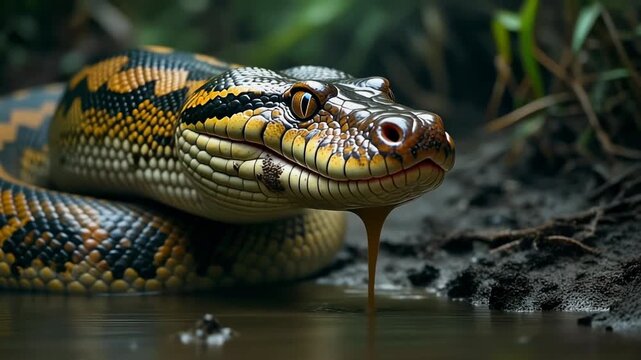 Close up of exotic anaconda snake resting by water in lush tropical habitat detailed scales and vibrant colors on display