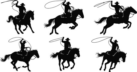 Black and white rhinoceros vector set, wild animal silhouettes standing and walking, isolated flat graphic design on an white background. © VactorZone