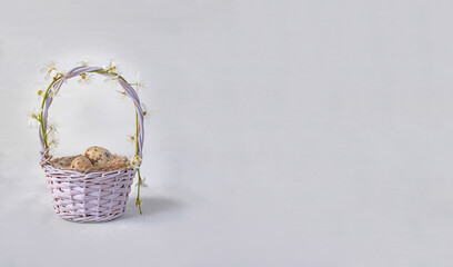 small basket with nest and quail eggs and a branch of spring flowers on a light background, banner format with plenty of copy space, minimal spring easter decor, soft natural composition