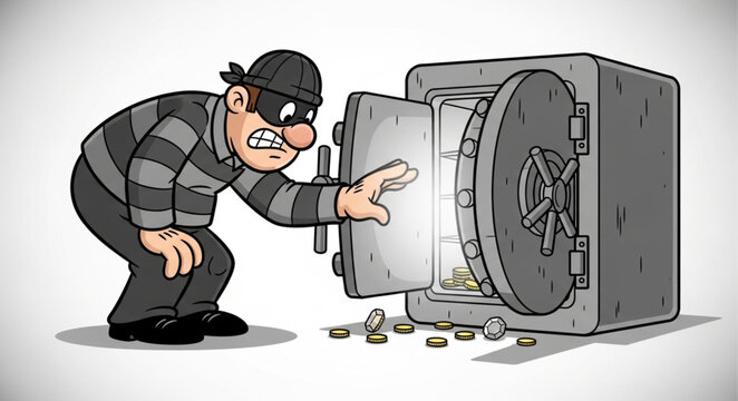 Cartoon burglar attempting to steal from an open safe full of gold coins.