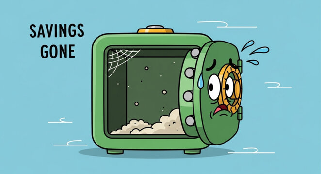 Cartoon illustration of an empty safe with a worried face on the door.