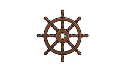 Fototapeta premium Cartoon-style illustration of a wooden ship's wheel with eight spokes, centered on a white background. It has a nautical theme