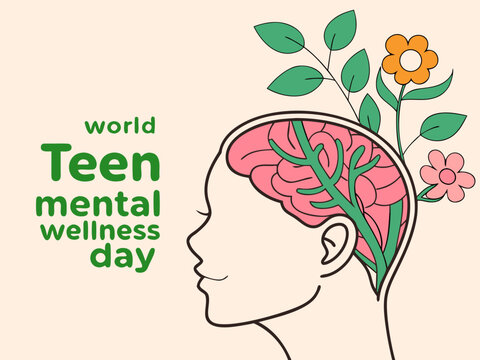 World Teen Mental Wellness Day illustration with human head flowers and brain