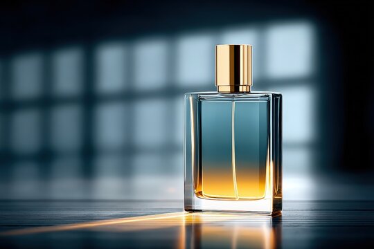 Elegant Glass Perfume Bottle with Gold Cap Standing on Wooden Surface in Bright Natural Light