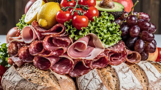 a large platter with assorted meats, fresh vegetables, and fruits. Juicy tomatoes, green lettuce, and various meats create an inviting display of food.
