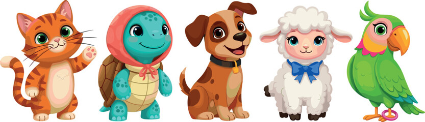 Cute Farm and Domestic Animals Cartoon Vector Set Including Cat Turtle Dog Lamb and Parrot Characters © Danial