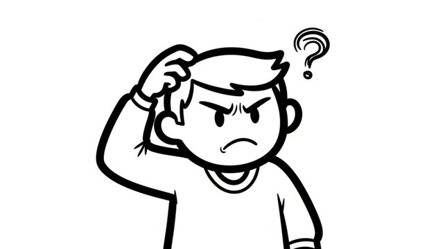 Confused cartoon man scratching head with question mark above.