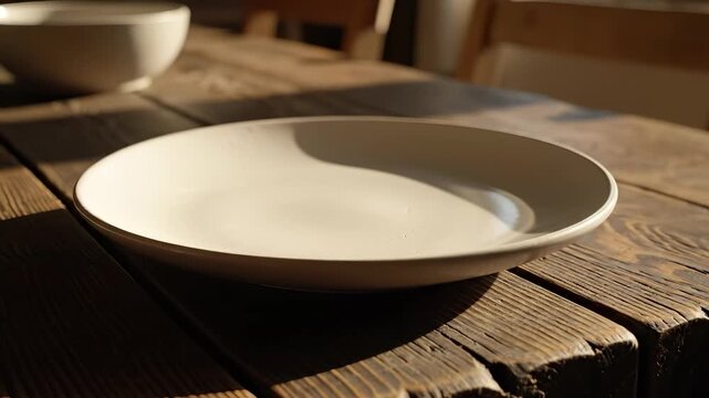 A white plate is centered on a wooden table, showcasing its smooth surface. The warm light highlights the plate and the rustic wood grain beneath.