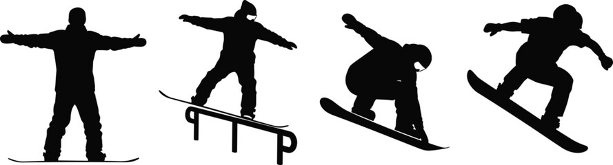 Obraz premium Black snowboarder silhouette set, winter extreme sports vector collection, man jumping on snowboard, rail grind trick graphic design elements isolated