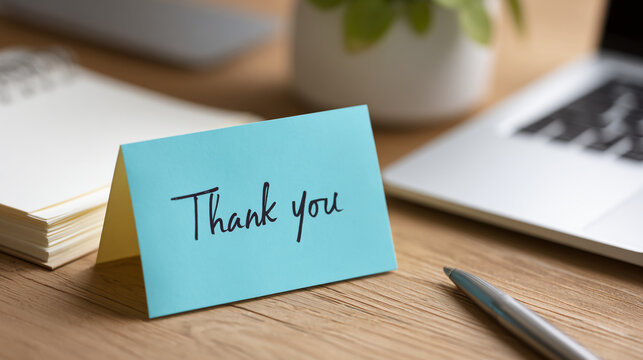 A blue thank you card stands on a wooden desk beside a pen, a notebook, a plant, and a laptop in a cozy office setting.