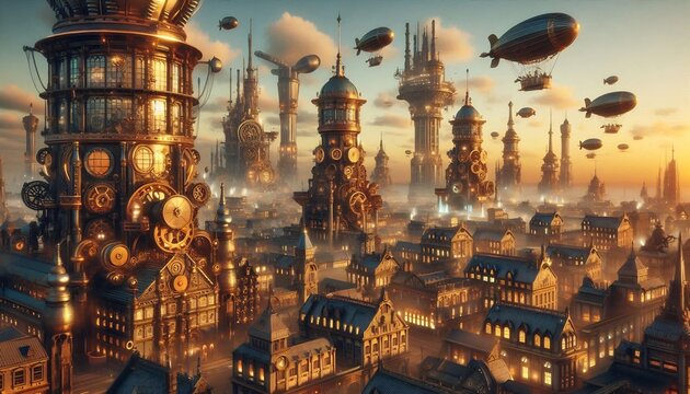 Steampunk Cityscape with Airships and Intricate Architecture at Sunset.